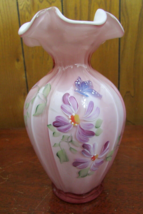Fenton Pink Cased Art Glass Hand Painted Flowers Ruffled Glass 7 1/2&quot; Vase - $123.75