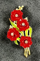 Crown Trifari Red Enamel Gold Tone w/ Rhinestones 4 Flower Brooch Lapel Pin VTG - £218.79 GBP