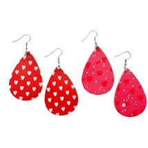 Two Pairs of Valentines Earrings Hearts Teardrop Red White Pink Faux Leather NEW - $7.92