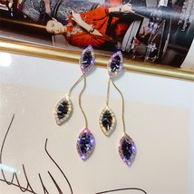 FYUAN Long Tassel Leaf Drop Earrings for Women Bijoux Purple Crystal Dangle Earr - £7.44 GBP