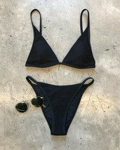 L*Space Swimwear Ridin High Black Ribbed Millie Fixed Triangle Bikini Top (L) - £68.80 GBP