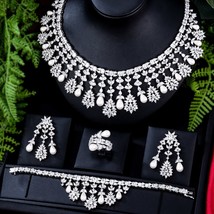 Super Luxury Green 4PCS indian Necklace cubic Zircon Jewelry Sets For Women Wedd - £246.94 GBP