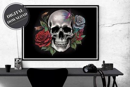 PRINTABLE wall art, Skull with Roses Print, Landscape | Digital Download - £2.74 GBP