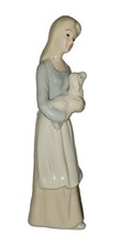 Glazed Ceramic Girl with Sheep Lamb Figurine Muted Blue Unbranded 7.5&quot; - $14.95