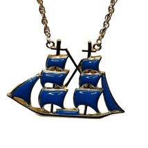 Pendant Necklace 30” Cobalt Blue Enamel Clipper Ship Sail Boat Nautical ... - $18.69