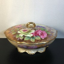 UCAGO Hand Painted ROSES Fall Tones Oval Covered 7&quot; Footed Porcelain Dish 1950s - £13.35 GBP