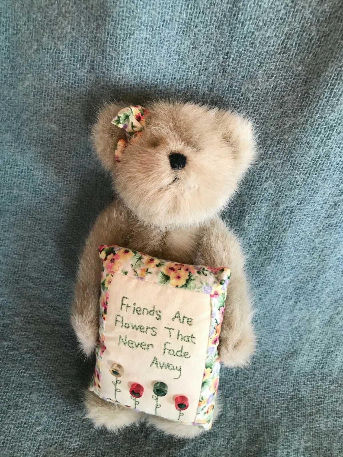 Gently Used Boyd’s Bears Tan Teddy Bear w Embroidered Floral Pillow FRIENDS ARE  - $11.29