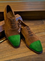 Oxford Two Toned Green Cap Toe Brown Real Suede Leather Superior Laced Up Shoes - £110.45 GBP