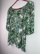 Loft Puff Sleeve Tropical Top Women M Palm Leaf Green White Boat Neck 100% Rayon - £10.79 GBP