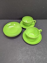 Vintage Melamine Bright Green Cup (2) &amp; Saucer (2) Small Bowls (3) Preowned - $15.00