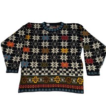 Vintage French Connection Wool Sweater M Black Multicolor Floral Pattern - £34.40 GBP