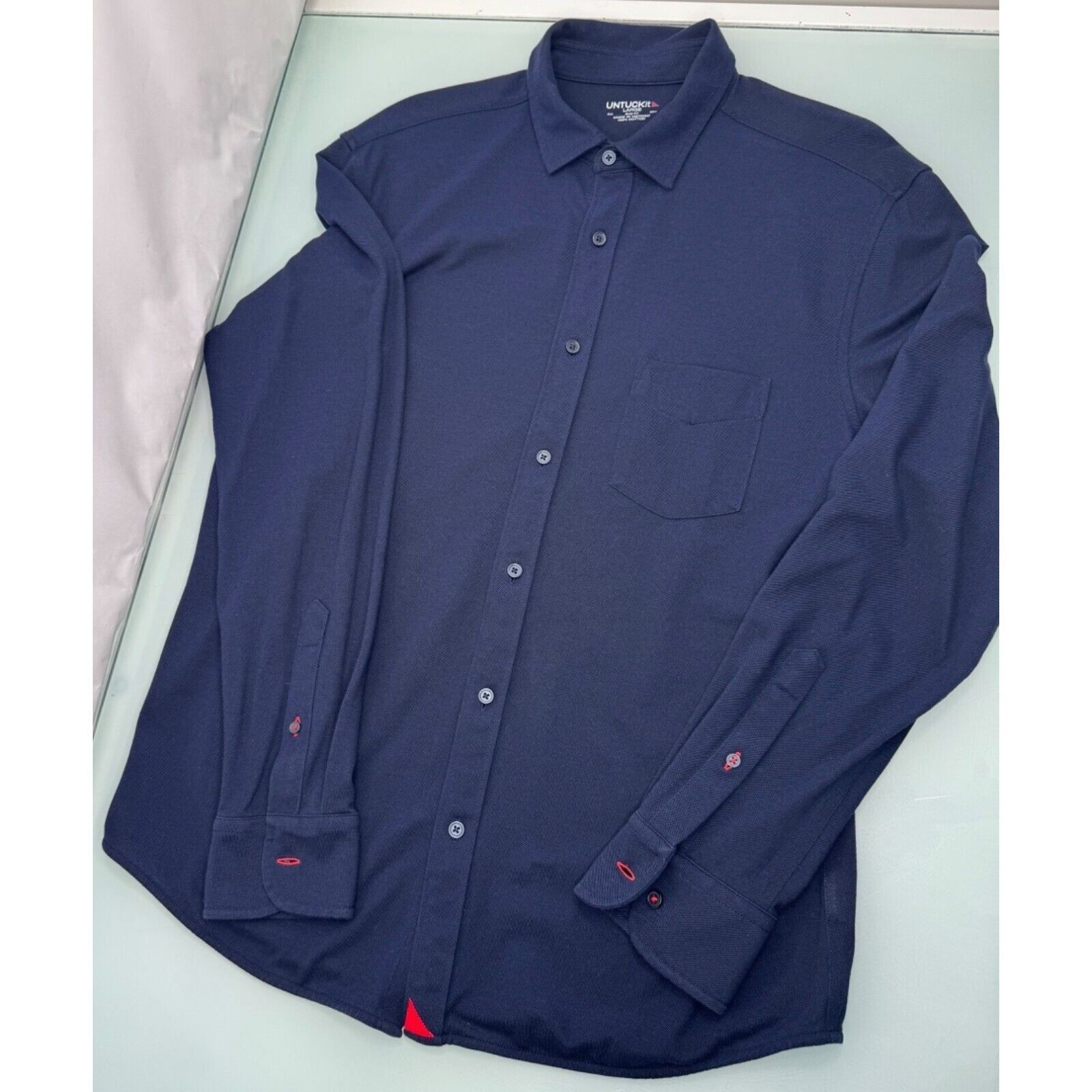 Primary image for Untuckit Knit Pique Shirt Men Button Up Long Sleeve Navy Blue Slim Fit Large L
