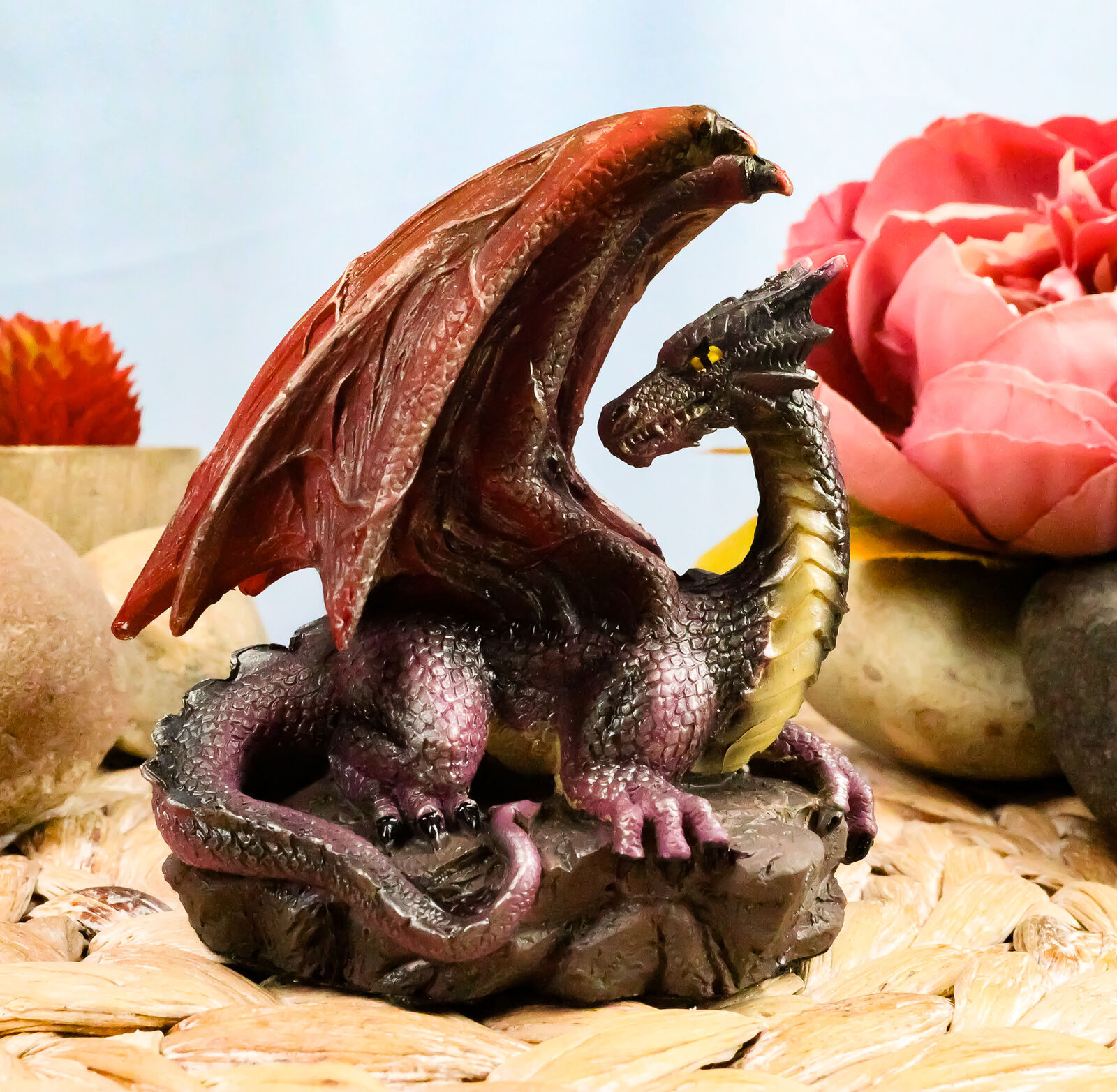 Small Purple Dragon With Red Lava Wings Resting On Volcanic Rock Figurine 3.5"H