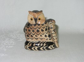 Carved Buffalo Horn Vintage Owl w Baby Bird Figurine Art Sculpture 2 5/8&quot; H - $33.65