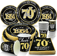 70Th Birthday Decorations Plates and Napkins Black and Gold, Service for... - £28.71 GBP