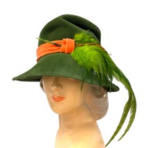 Vtg Bucket Hat Church Green Fur Felt Orange Trim FAB Feathers Winner MCM - $87.32