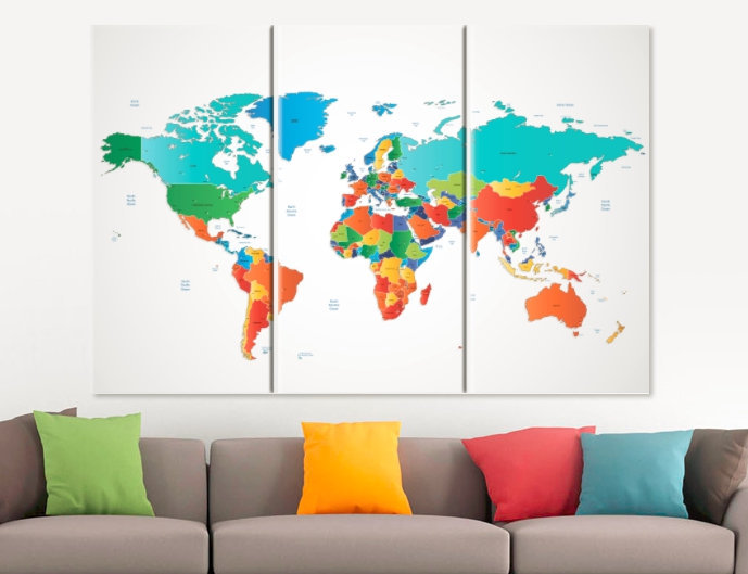 Large World Map Canvas Print Watercolor Colorful Map Poster Living Room ...
