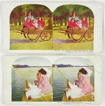 Lot of 2 Antique COLOR Stereoview Cards, Children, Fishing, Wheelbarrow - £7.06 GBP