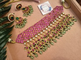 VeroniQ Trends-South Indian Bridal Kemp Stone Choker Necklace-Fluorite Beads - £308.82 GBP