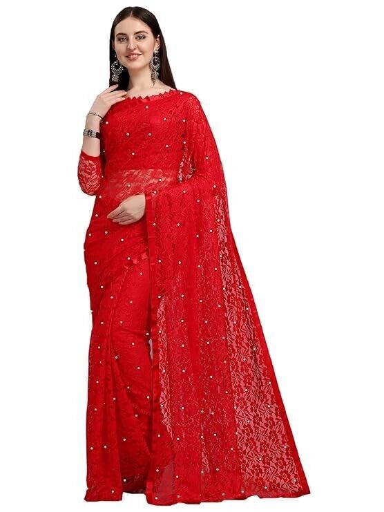 Women&#39;S Rasel Net Lace &amp; Pearl Work Saree With Unstitched Blouse Piece sari - $1.97