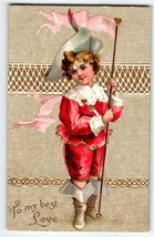 Valentines Day Postcard Victorian Child In Boots Hat Heart Staff Flag Germany - $17.36