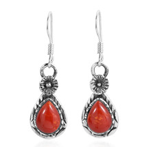 Classic Chic Teardrop Synthetic Coral &amp; Flower Sterling Silver Dangle Earrings - £16.30 GBP