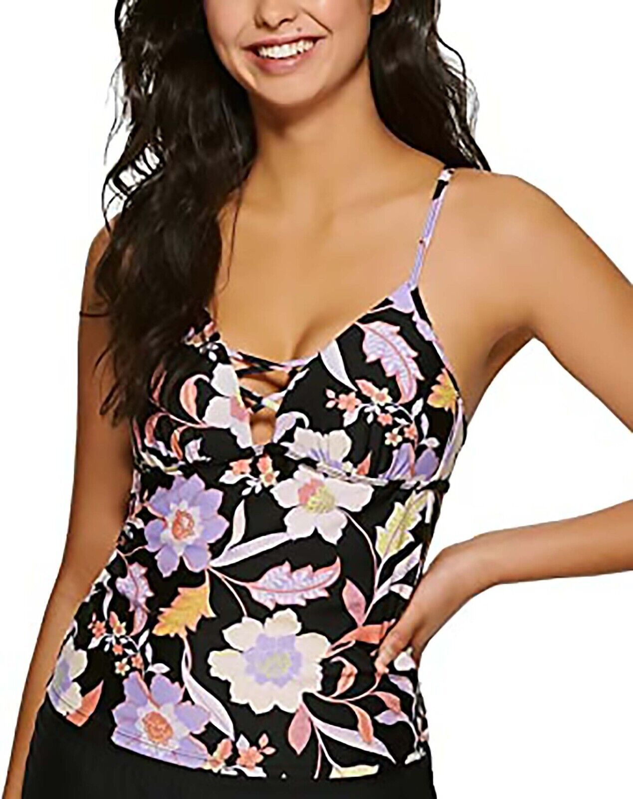 Hula Honey Swimwear Top Junior Tankni Floral Print Black XS - $7.92
