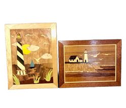 An item in the Art category: 2 Marquetry Inlaid Wood Pictures Nautical Lighthouse Boat Handmade Artist Signed