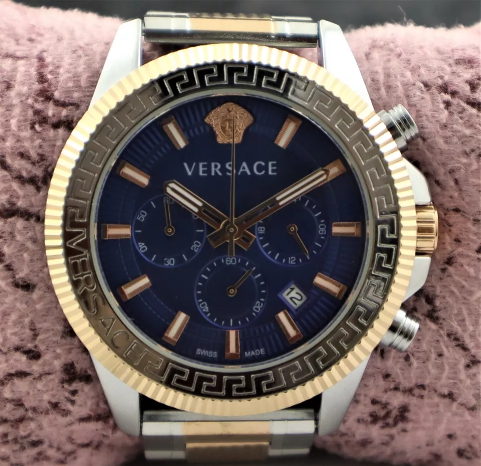 Casual VERSACE Men Chronograph Blue Dial with Date Stainless Steel Wristwatch - £70.81 GBP