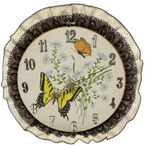 Vintage Handmade Butterfly Clock Embroidery Hoop Lace Fabric Tested Working - $23.49