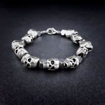 Silver Skull and Hematite Beaded Bracelet Lobster Clasp Men’s Jewelry 8.5” 10mm - £30.56 GBP