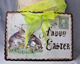 Easter Postcard Wall hanging 6&quot; x 8&quot; metal Rabbits Basket of Eggs Happy Easter - £6.16 GBP