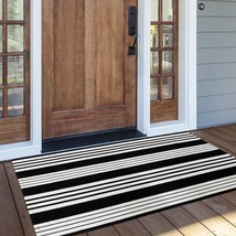 Ojia Cotton Black And White Striped Rug 24&quot; X 51&quot; Hand-Woven Indoor/Outd... - $24.50