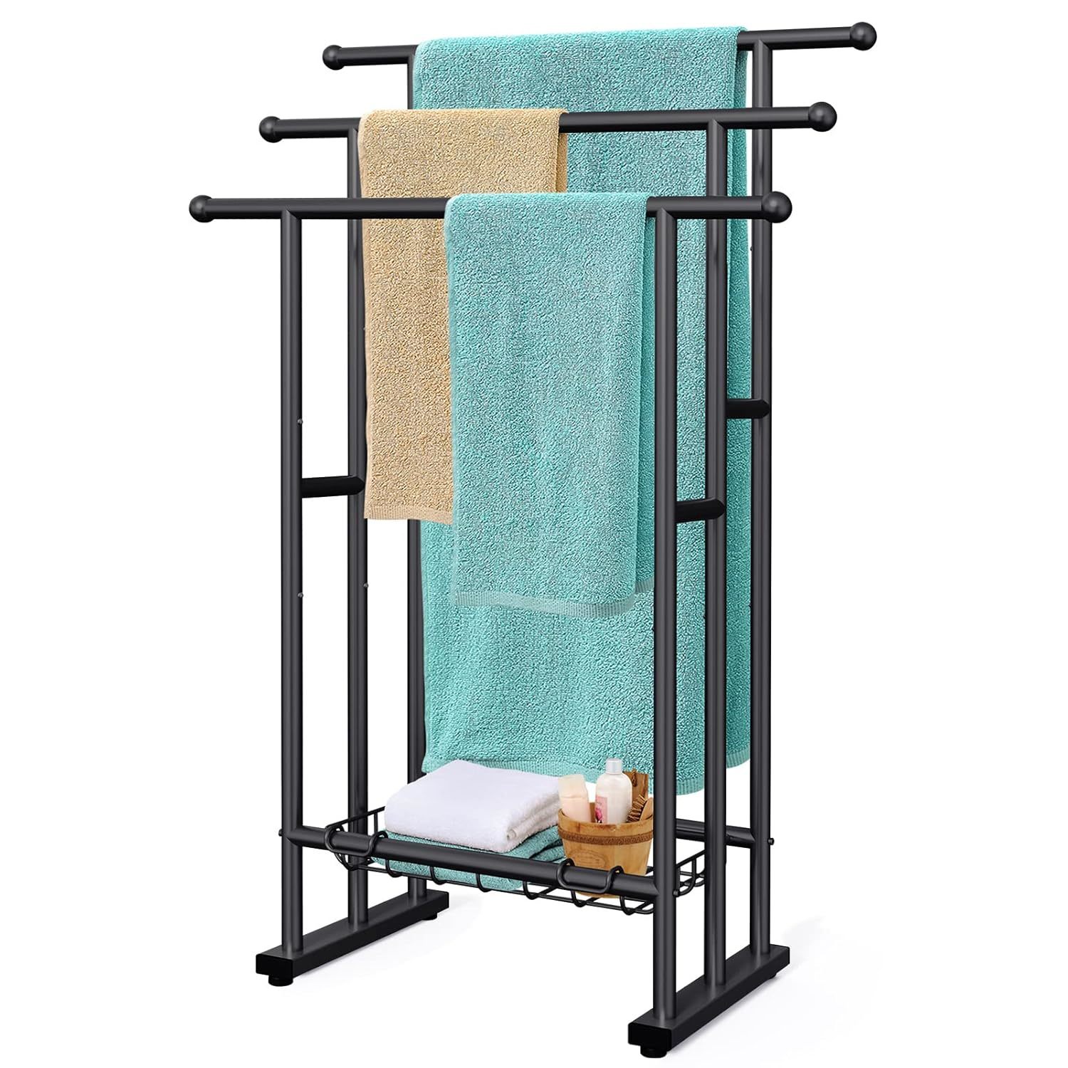 40" H Free Standing Towel Rack, 3 Tier Alloy Steel Stand With Basket, Blanket Dr