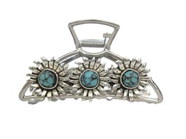 Large hair claw clip turquoise blue flower western design metal native - £11.23 GBP