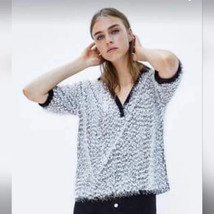 nwt ZARA textured polo shirt S furry fuzzy collared top black + white v-... - $9.57 CAD