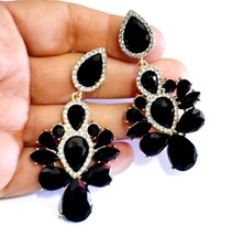 Rhinestone Drop Earrings, BLACK Chandelier Earrings, Dangle Austrian Crystal Jew - £31.51 GBP