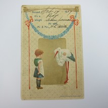 Postcard Birth Announcement Little Girl Stork &amp; Baby Blue Flowers Antique 1917 - £7.98 GBP