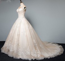 Luxurious Cathedral Wedding Dresses Champagne Bridal Dress with Appliques - £267.93 GBP