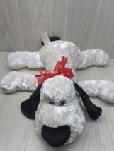 Dandee Plush puppy dog lying down white black ears nose tail red heart bow - £19.54 GBP
