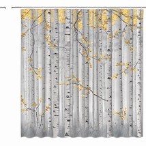 Fall Birch Tree Shower Curtain Gray Forest Yellow Leaves - $46.52
