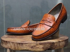 Mens New Formal Handmade Genuine Orange Ostrich Leather Loafers &amp; Slip On - $143.99