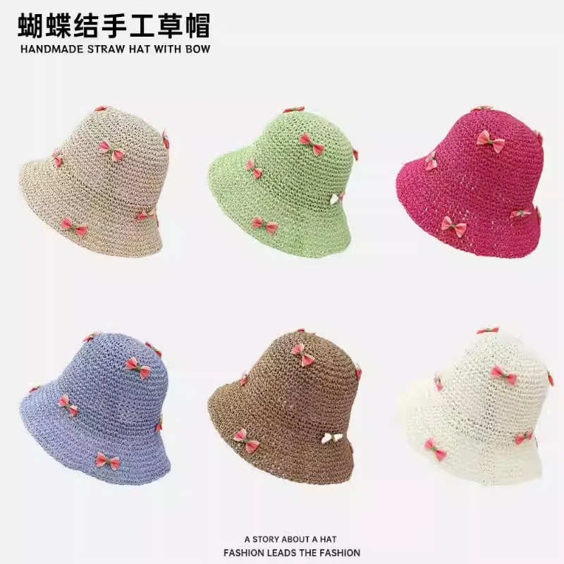 Ins Sweet Bow Woven Straw Hats for Women 2024 Summer Travel Versatile Korean - £11.45 GBP