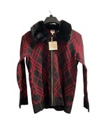 Anne Klein Sweater Jacket M Red Plaid Black Faux Fur Collar Full Zip Car... - $841.44 MXN