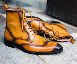 Men’s Handmade Cognac Tan Wing Tip Brogue Lace Up Leather Ankle High Boots - £125.85 GBP+