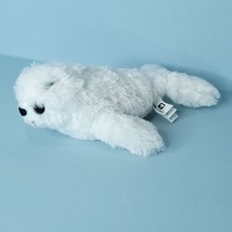 Fluffy Baby Harp Seal White Black Spots Stuffed Animal Plush 10" Long Soft - $17.81