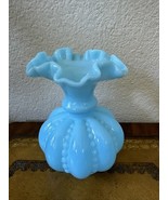 1970s Rare Fenton Blue Milk Glass Beaded Melon Double Crimped Ruffled 6&quot;... - $176.51 CAD