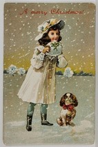 Christmas Sweet Girl and Puppy Red Bow c1910 Postcard S9 - £7.88 GBP