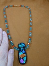 D1H-808) Church Dichroic Fused Glass Pendant 21&quot; Blue + Orange Crystal Necklace - £100.52 GBP