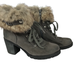 Nature Breeze Boots Size 9 Gray Block Heel Side Zip Buckle Faux Fur Top Lace Up - £23.91 GBP